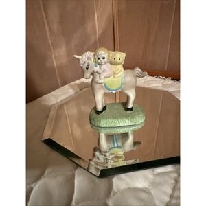 Vintage GOT Hand Painted Brown Unicorn Nursery Figurine Baby and Bear on Back